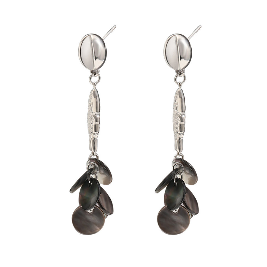 Steel color fish earrings showing long hanging clusters