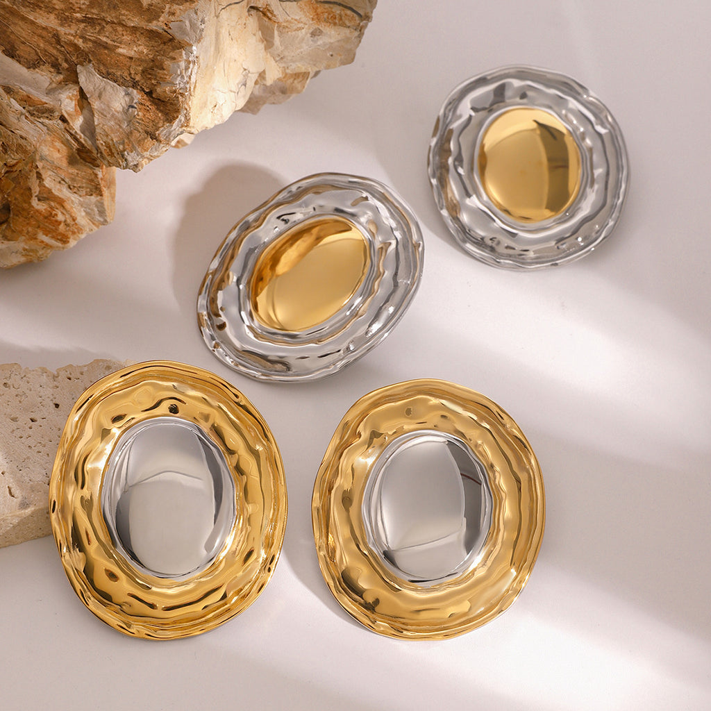 Two-Tone Oval Stainless Steel Statement Stud Earrings — wholesale view 1