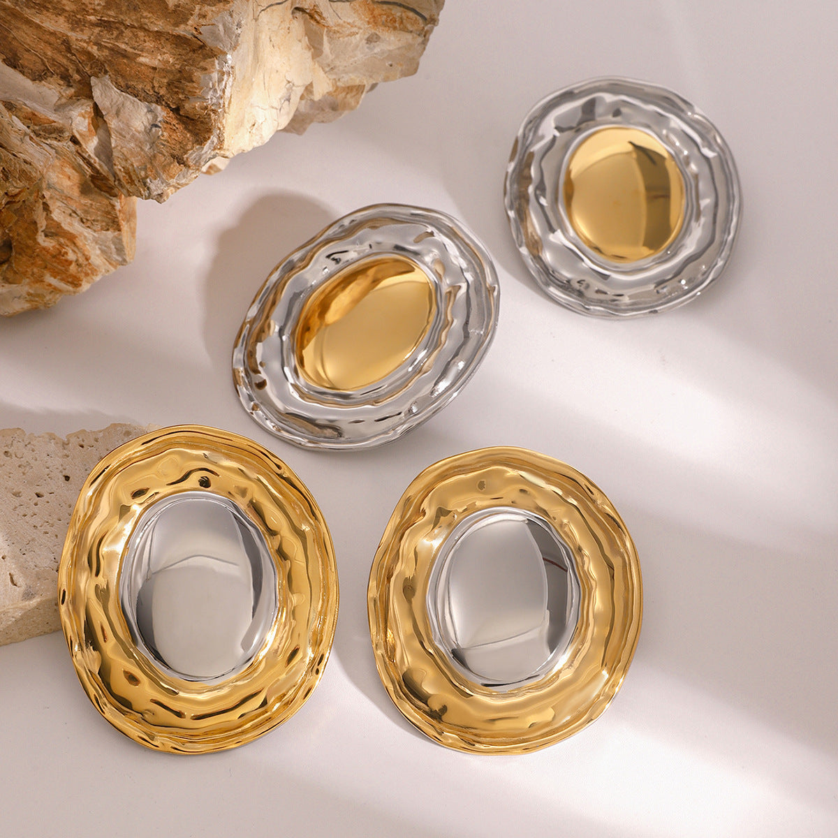 Two-Tone Oval Stainless Steel Statement Stud Earrings — wholesale view 1