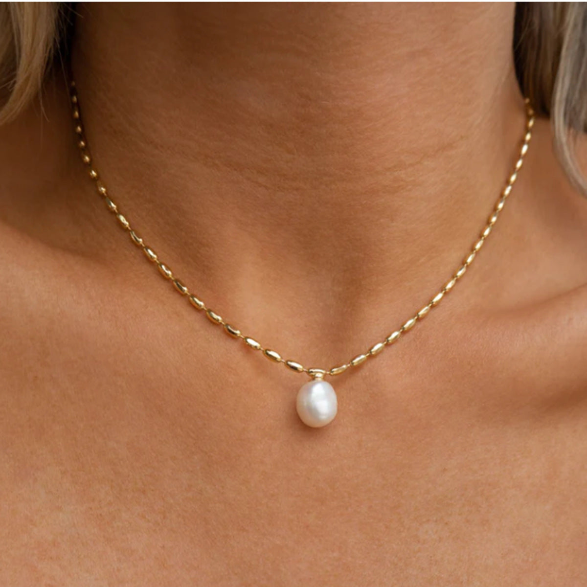 Gold-Tone Pearl-Look Stainless Steel Necklace Collection close-up product view
