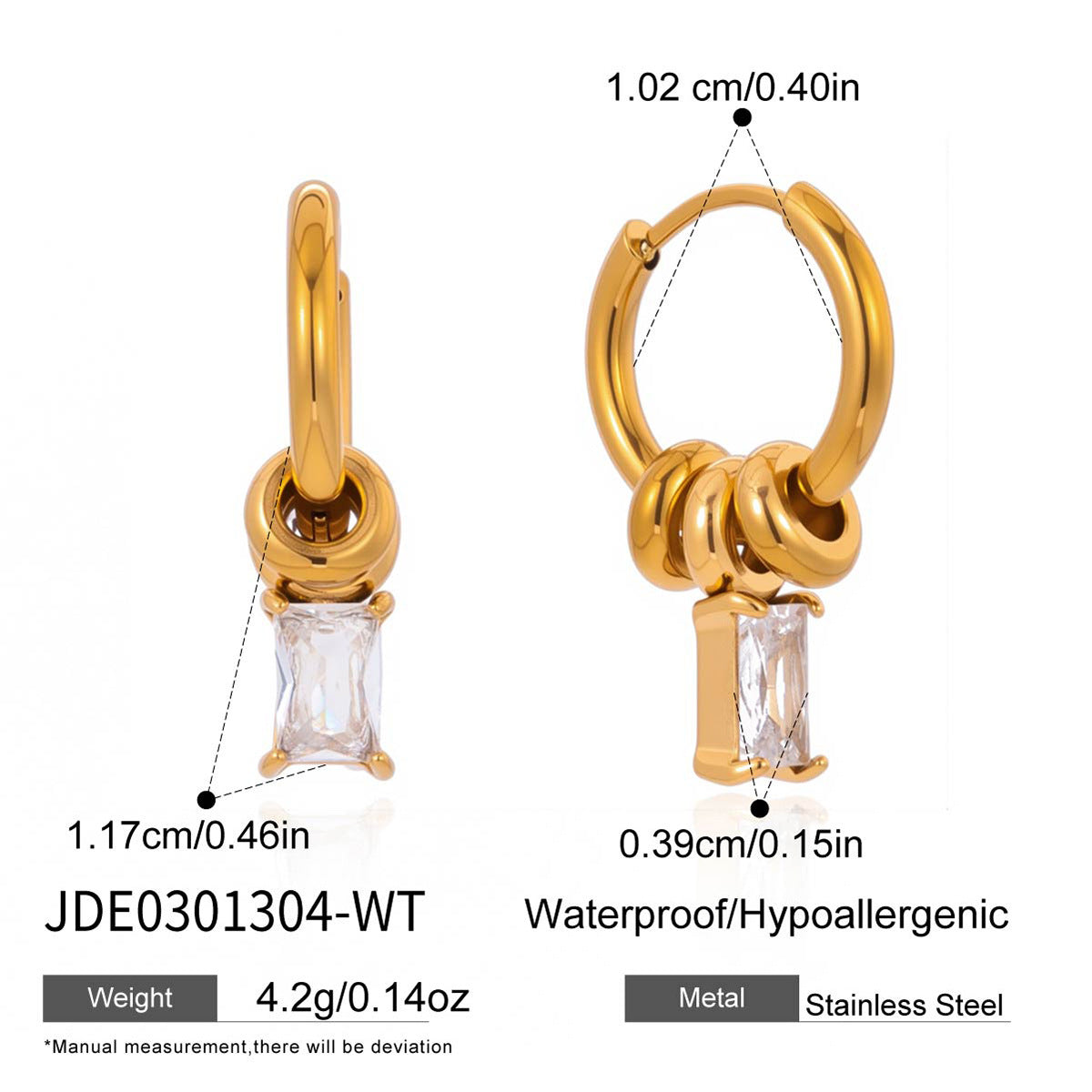 Clear stone hoop earrings with measurement annotations