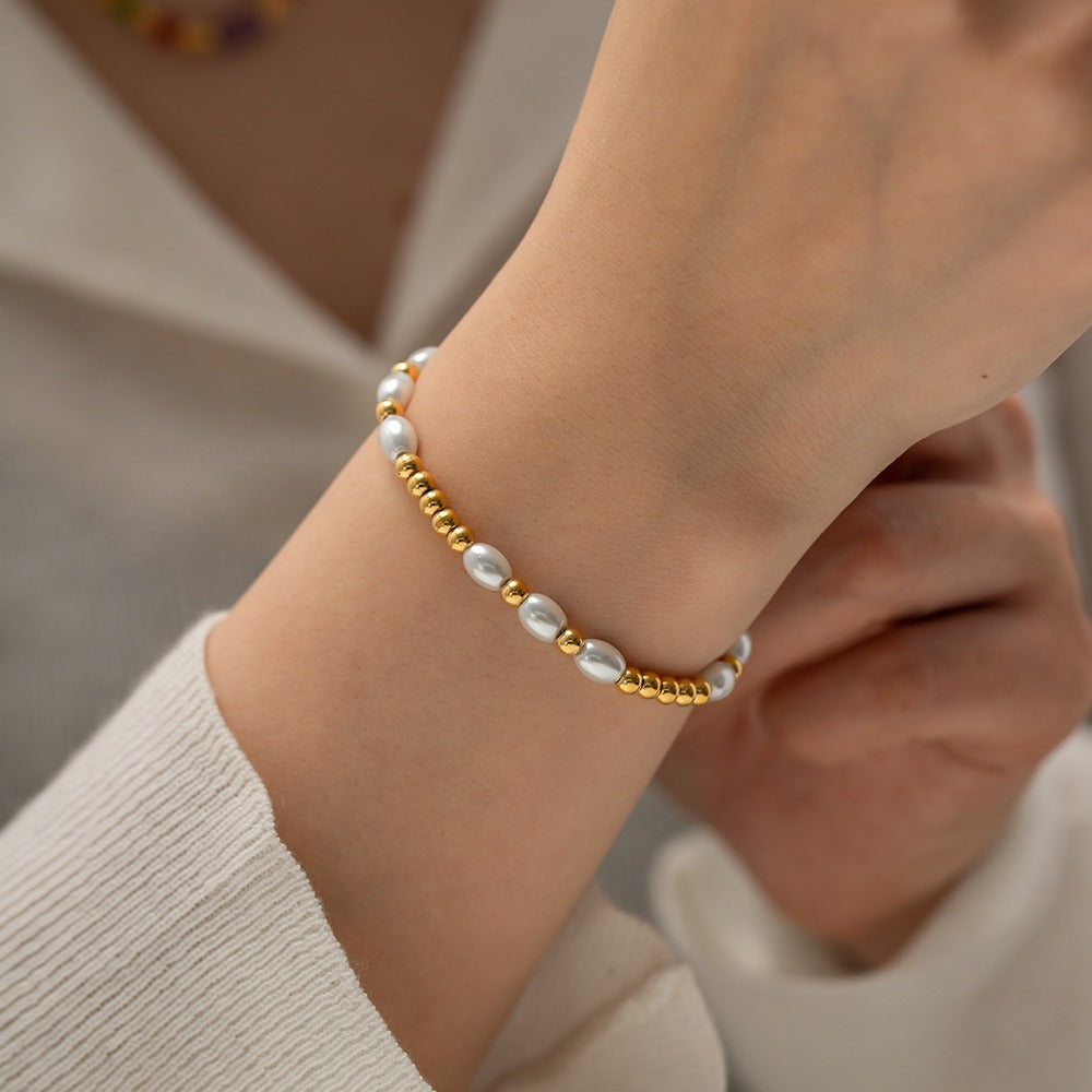 Gold Plated Stainless Steel Glass Pearl Bead Chain Bracelet — front view