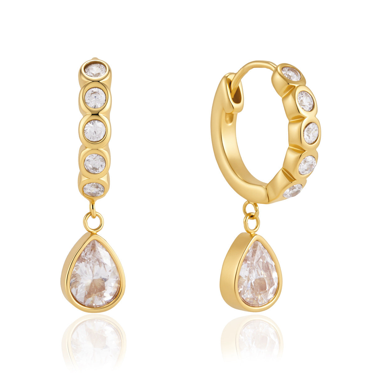 Front and side views of clear stone hoop and teardrop setting