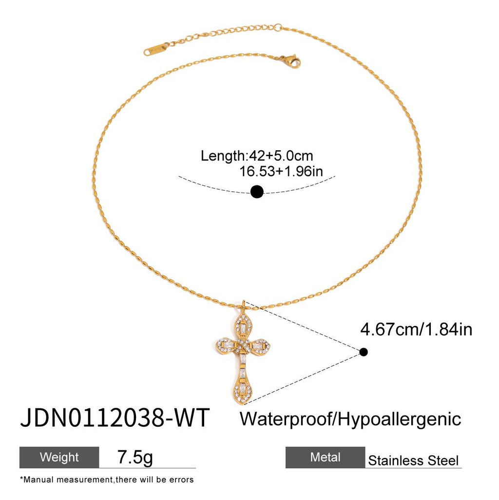 Fine-link necklace with a slender decorative cross and its length diagram