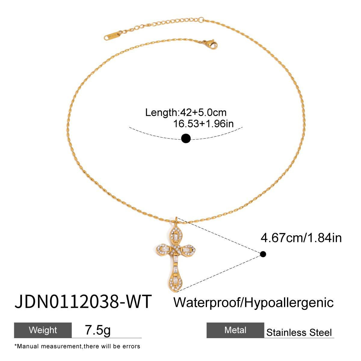 Fine-link necklace with a slender decorative cross and its length diagram