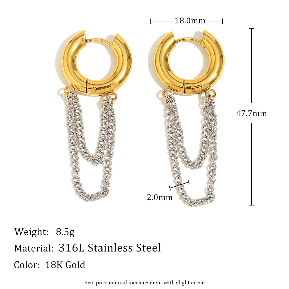 316L two-tone chain drop hoop earring dimensions