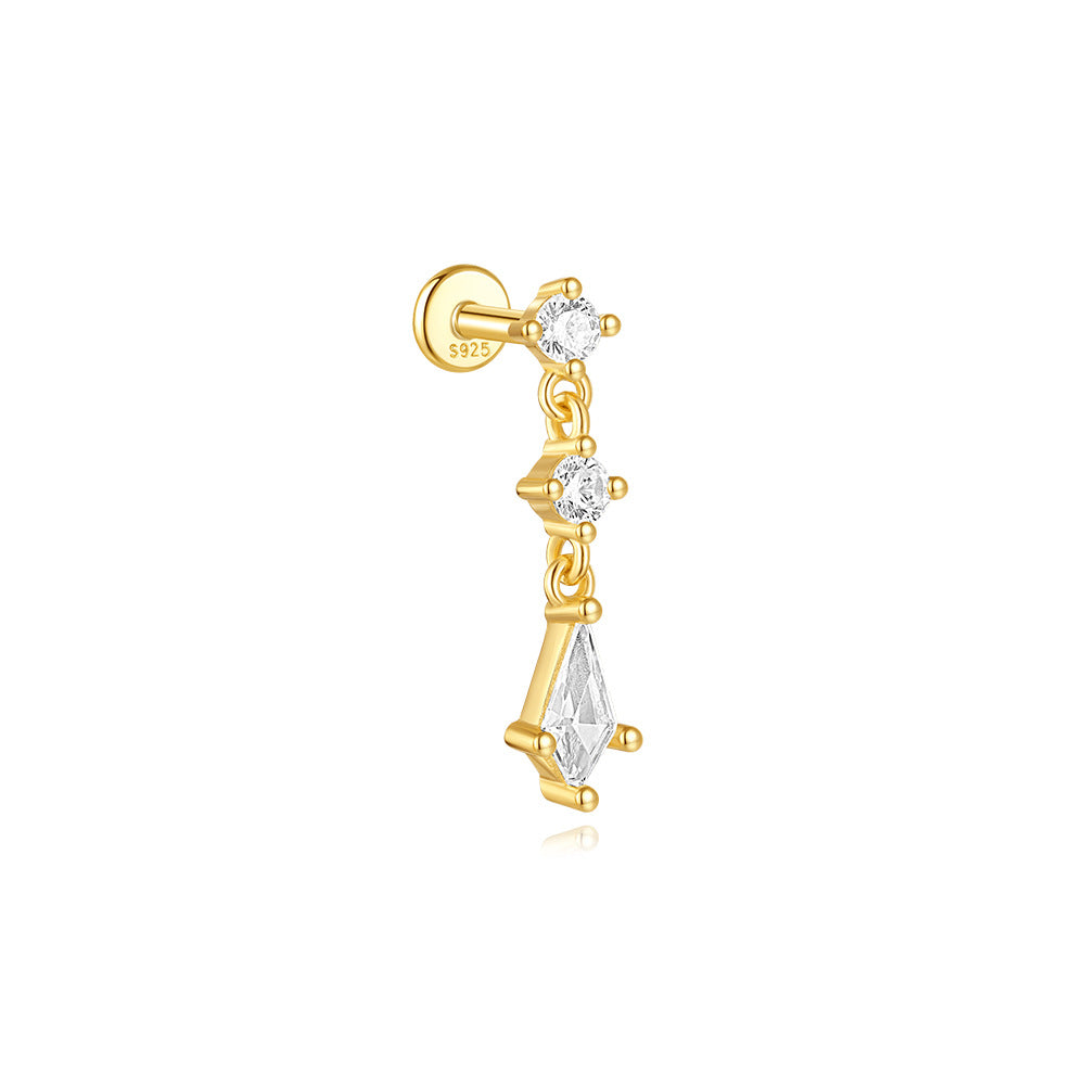 gold plated 925 sterling silver kite-drop threaded cartilage stud with clear stones