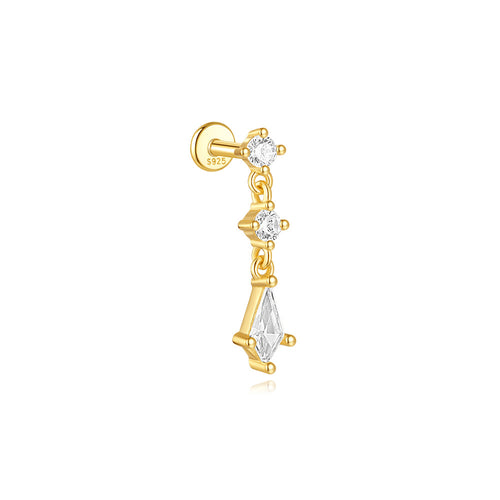 gold plated 925 sterling silver kite-drop threaded cartilage stud with clear stones