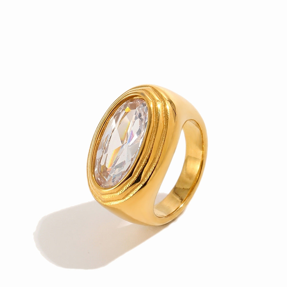 front cutout of layered-bezel oval clear-stone ring
