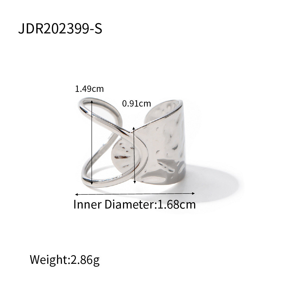 Silver-Finish Sculptural Stainless Steel Open Ring Collection size and proportion reference