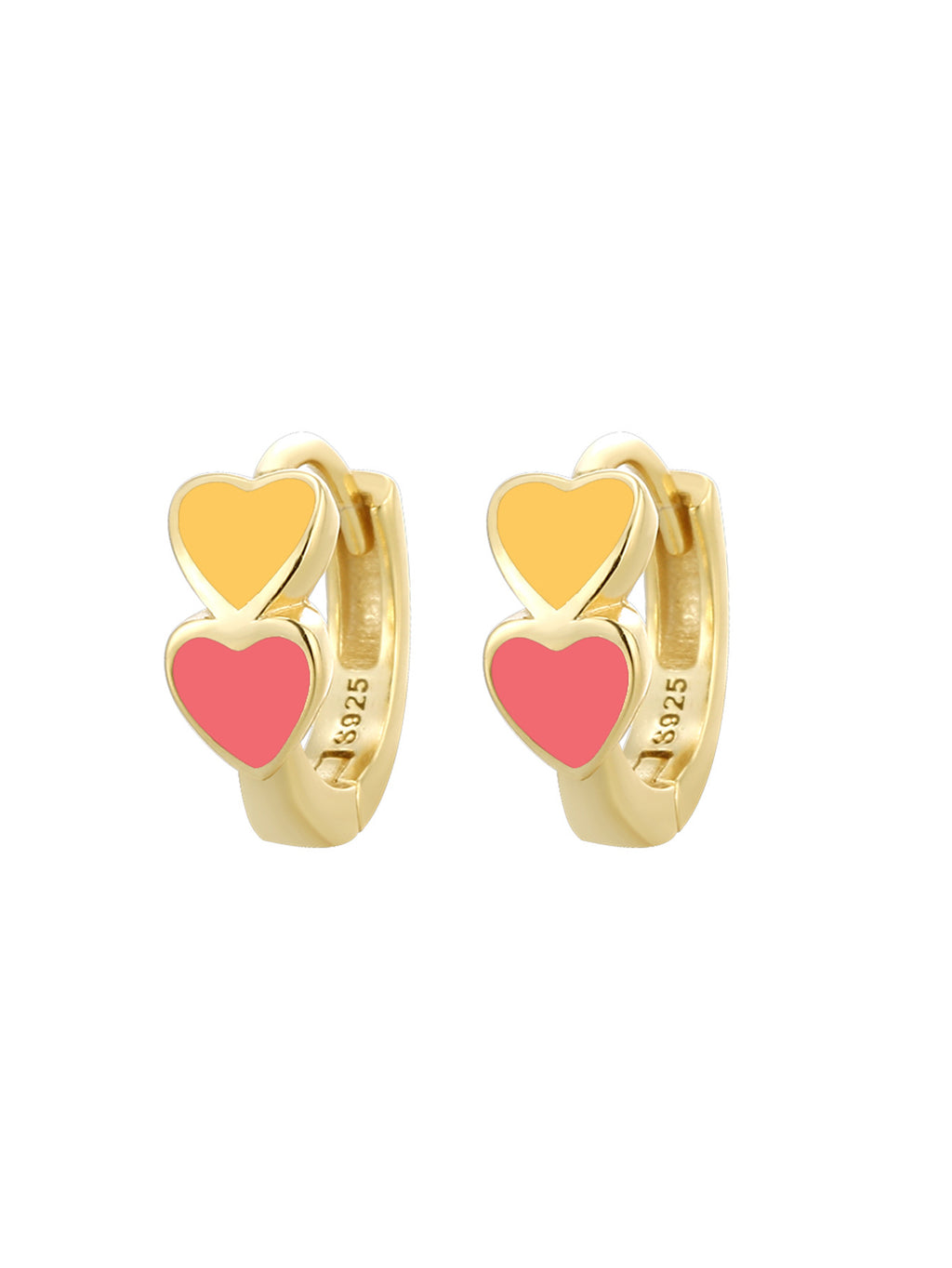 Gold Plated 925 Sterling Silver Colorful Double Heart Hoop Earrings — yellow and pink hearts