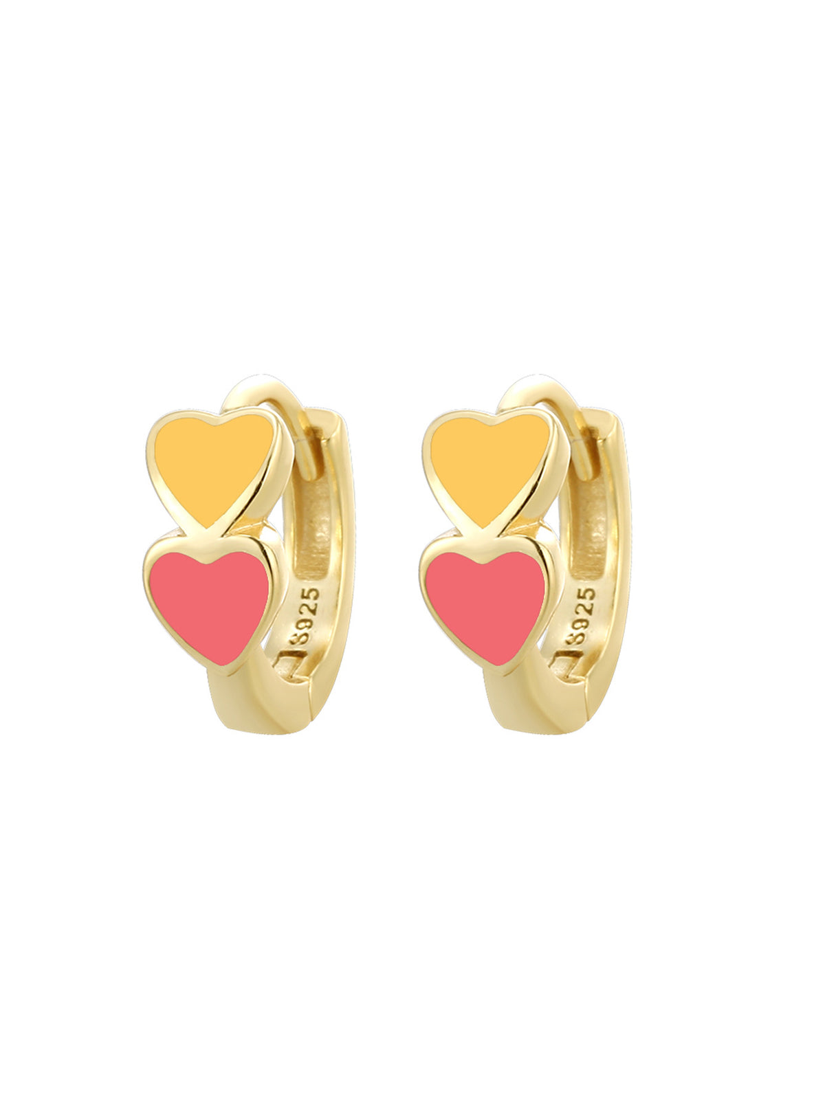 Gold Plated 925 Sterling Silver Colorful Double Heart Hoop Earrings — yellow and pink hearts