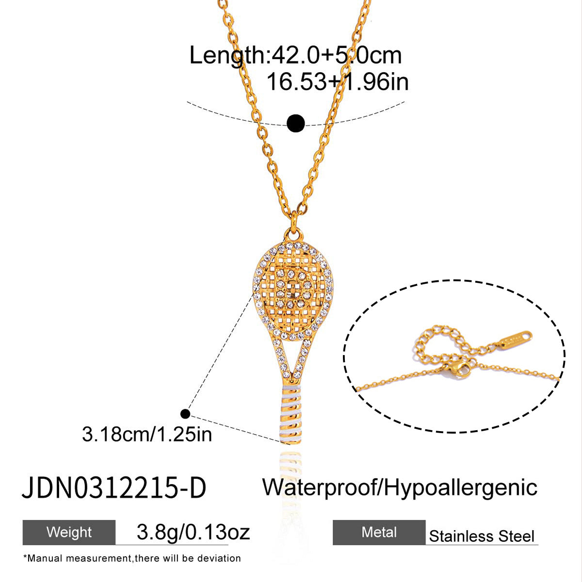 Clear-accent D racket necklace length diagram