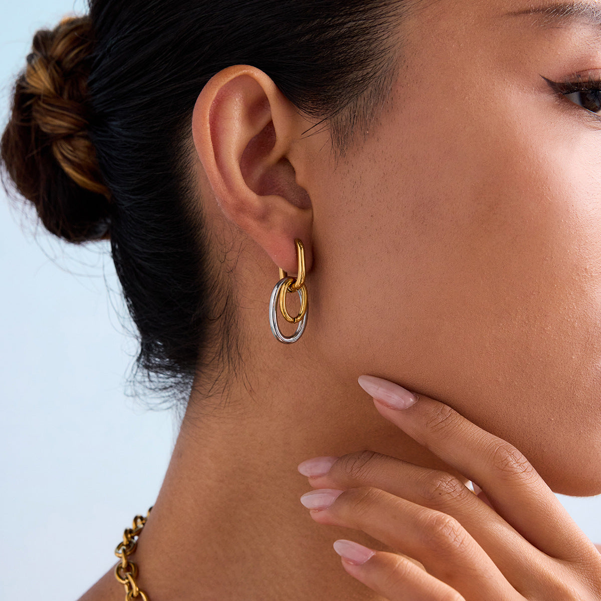 Wholesale Two-Tone Stainless Steel Oval Link Drop Earrings - styled view