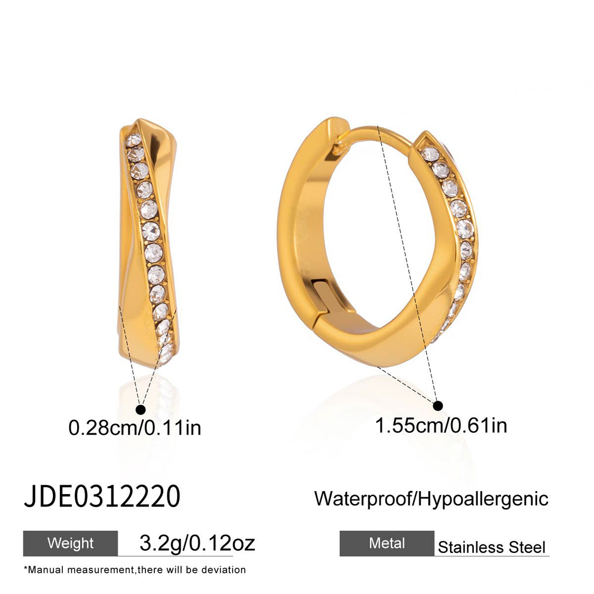 Twisted hoop earrings with size measurements
