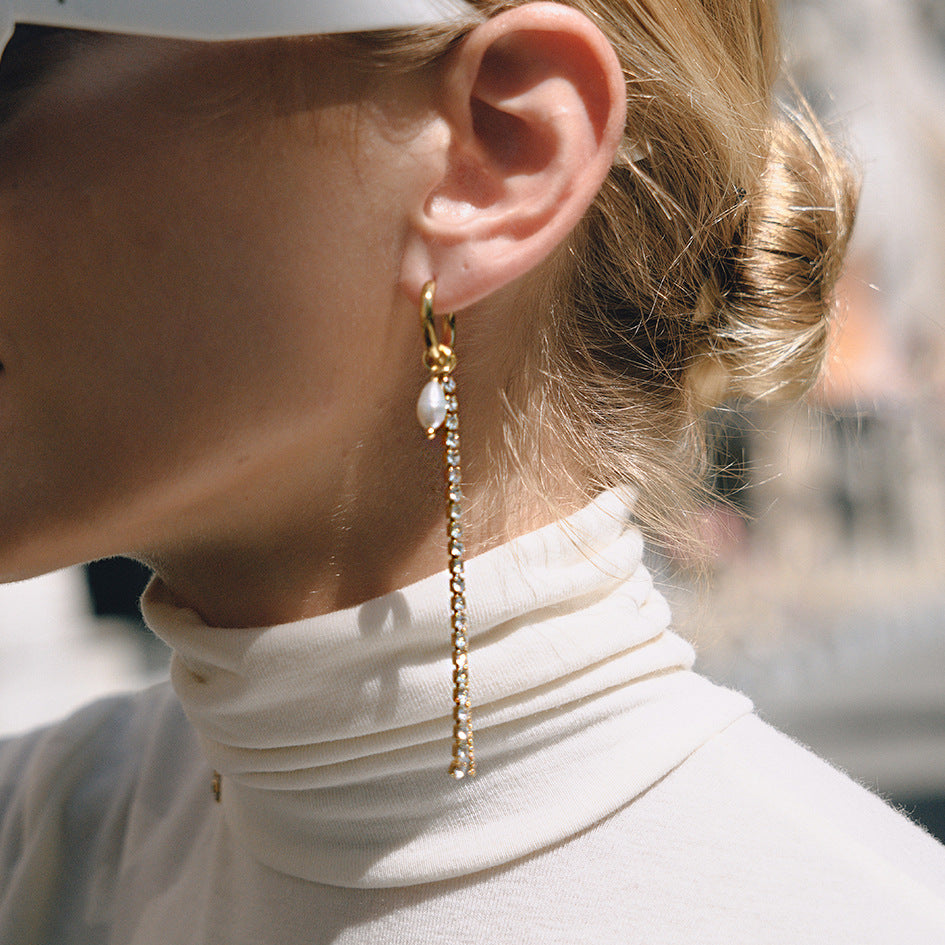 Gold-Tone Clear Accent Tassel Stainless Steel Drop Earrings shown on model