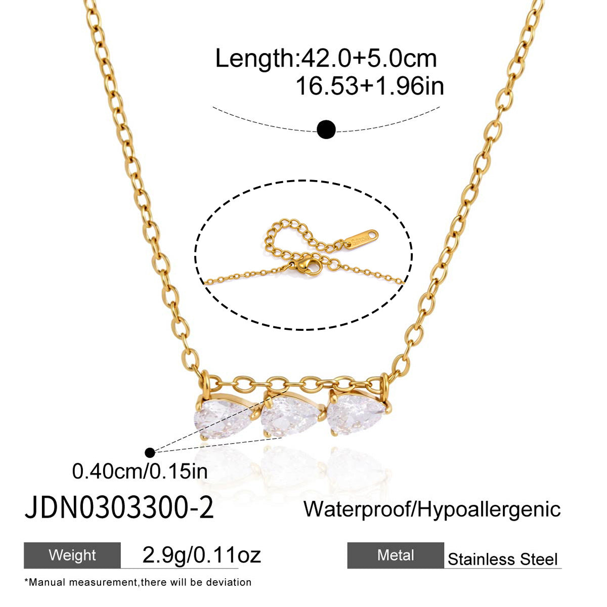 Three sideways pear-shaped stones on a short necklace bridge