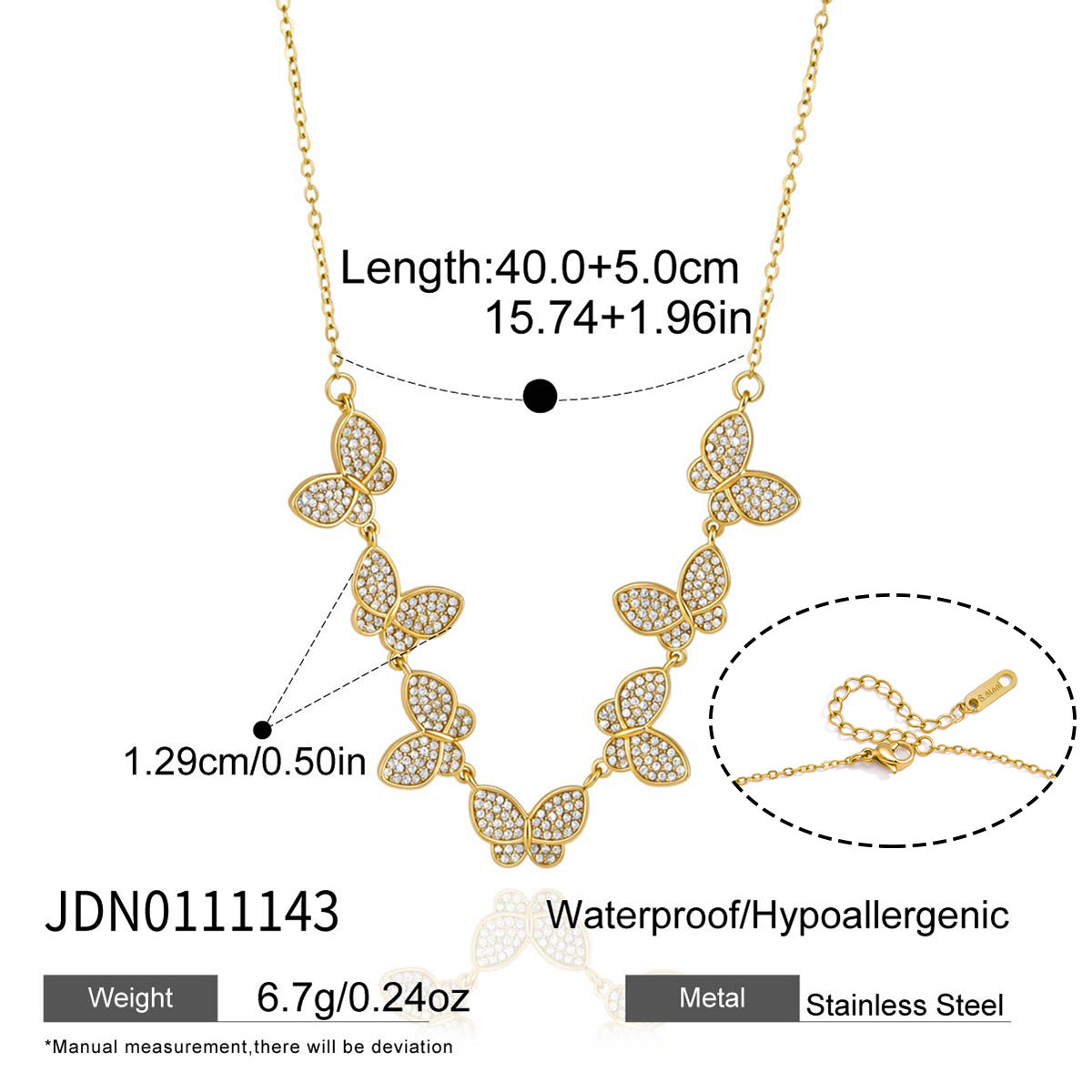 Stainless steel butterfly necklace length and clasp diagram