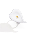Front view showing curled white petal and gold tone center
