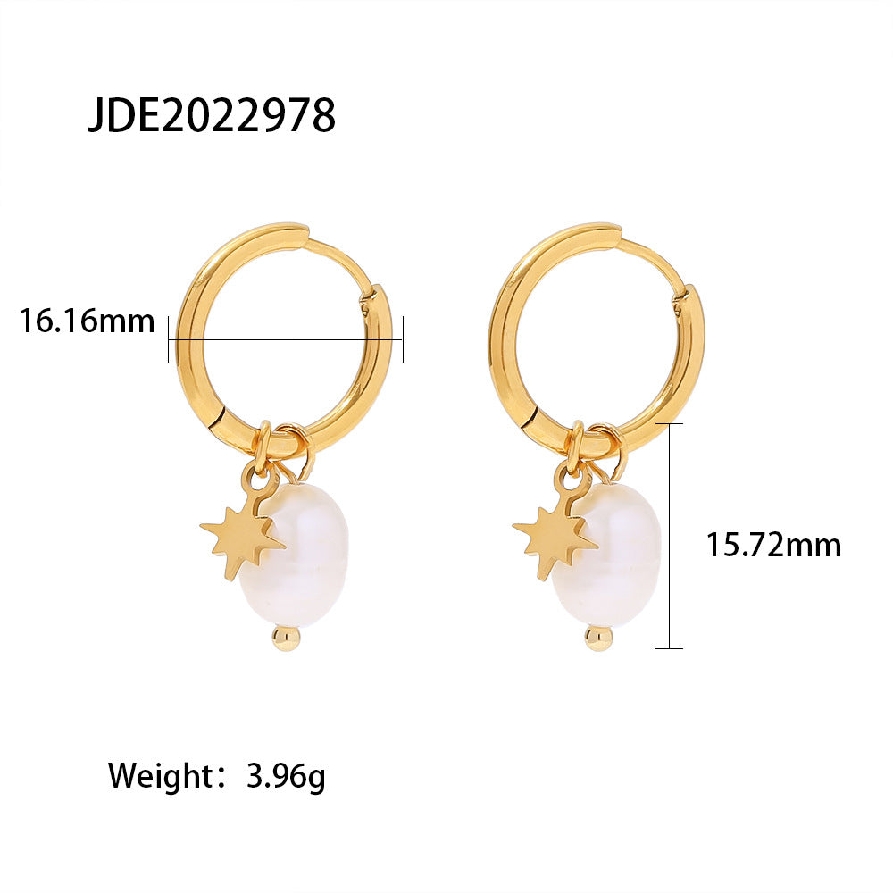 Pearl and star hoop earrings with supplier measurement annotations
