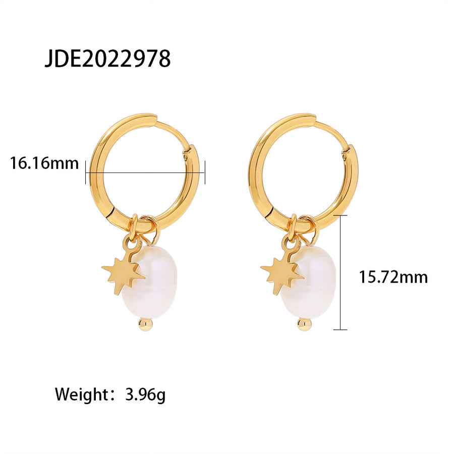 Pearl and star hoop earrings with supplier measurement annotations