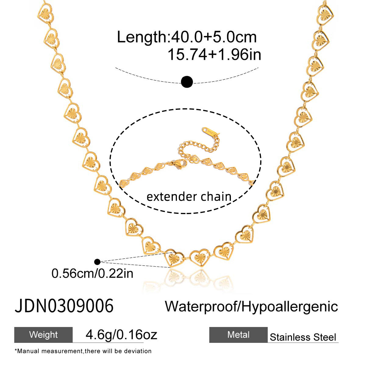 Repeating heart-link necklace length and clasp diagram