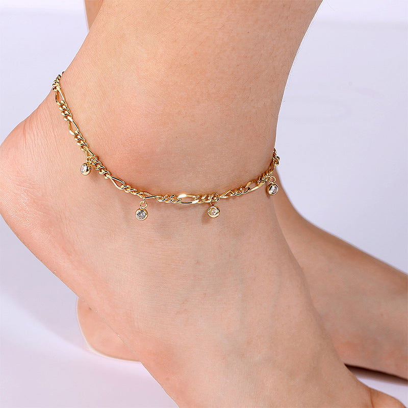 mixed-link cubic zirconia drop anklet worn at the ankle