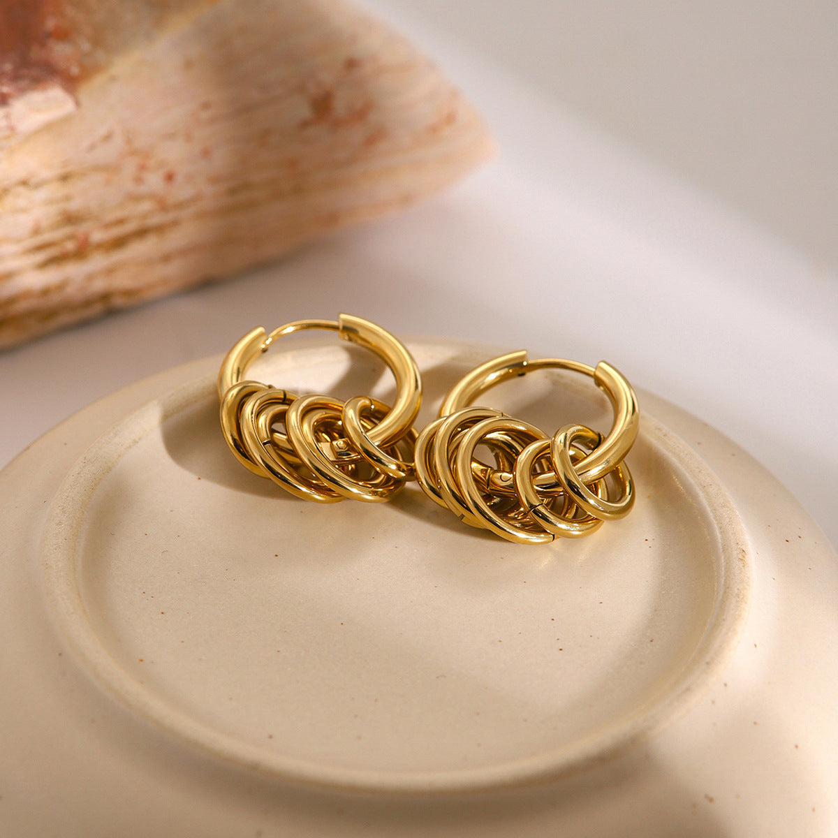 Gold Plated Two-Tone Ring Charm Stainless Steel Hoop Earrings close-up product view