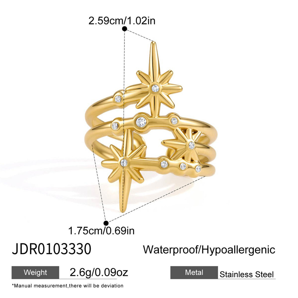Gold tone stainless steel star ring measurement diagram