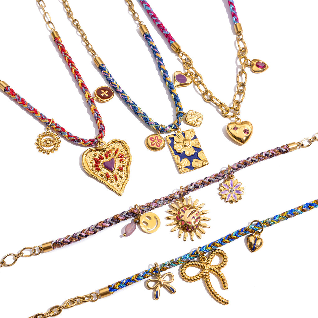 Gold-Tone Multicolor Bead Heart Stainless Steel Necklace Collection finish and shape detail