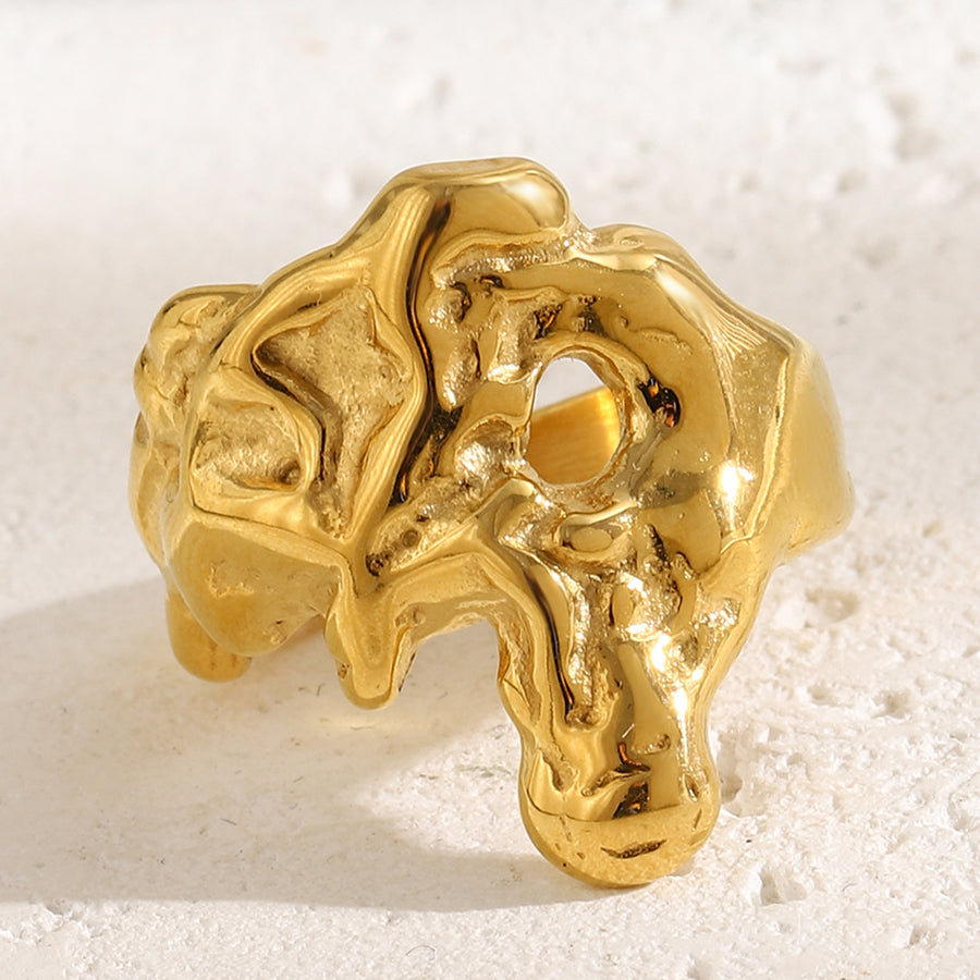 front view of gold plated meteorite-texture statement ring
