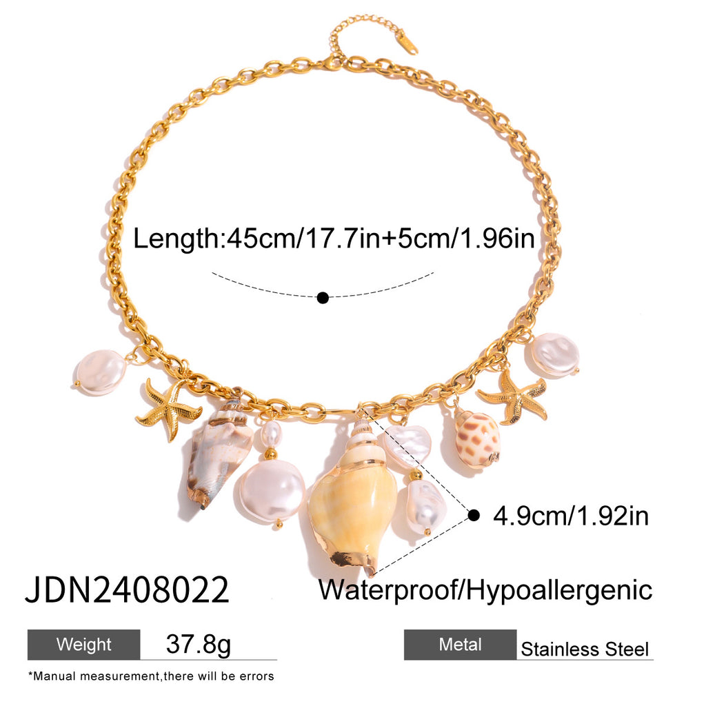 Gold-Tone Shell and Pearl-Look Stainless Steel Charm Necklace size and proportion reference