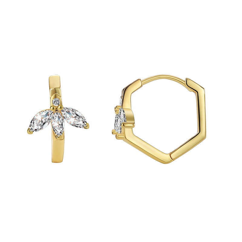 front and side product view of geometric marquise zirconia hoops