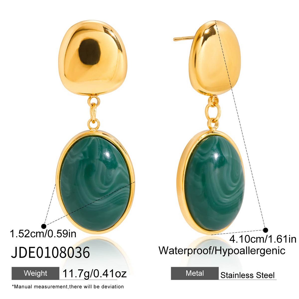 Wholesale Gold-Tone Stainless Steel Green Resin Drop Earrings - finish detail