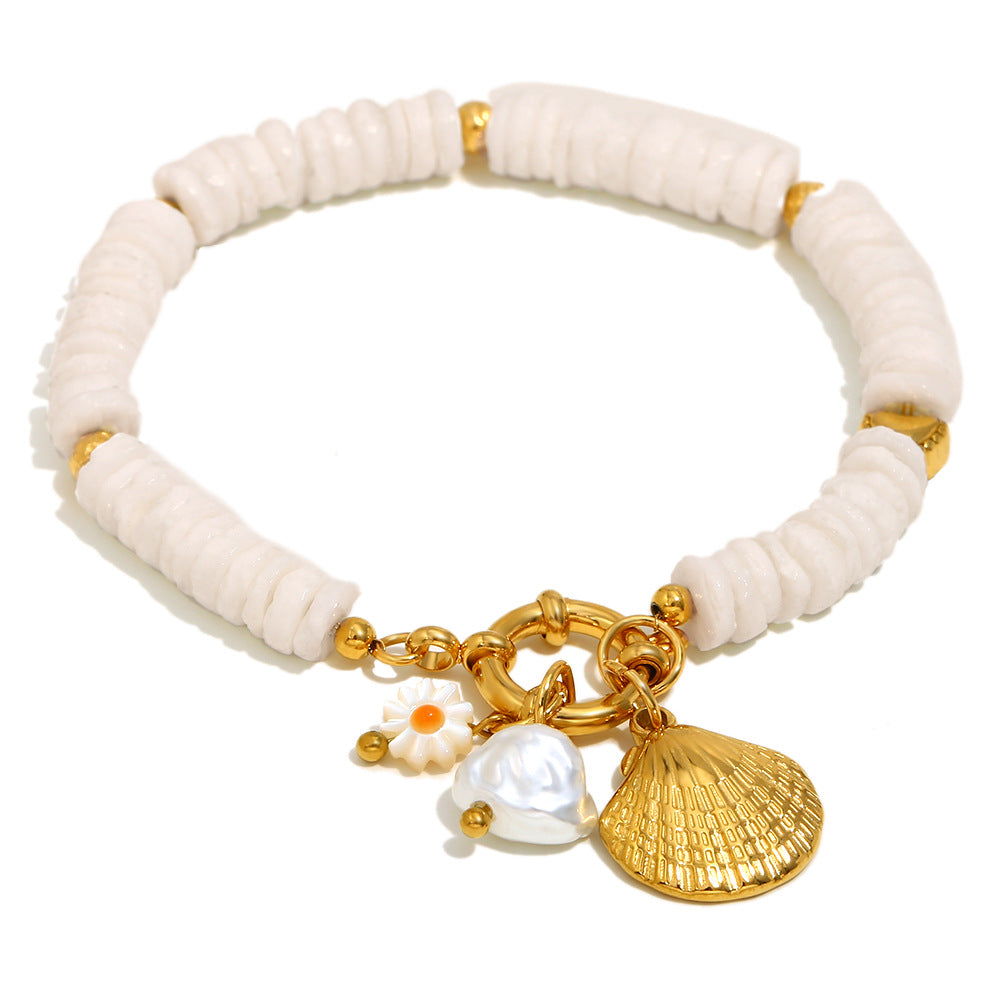 White bead shell charm bracelet front view