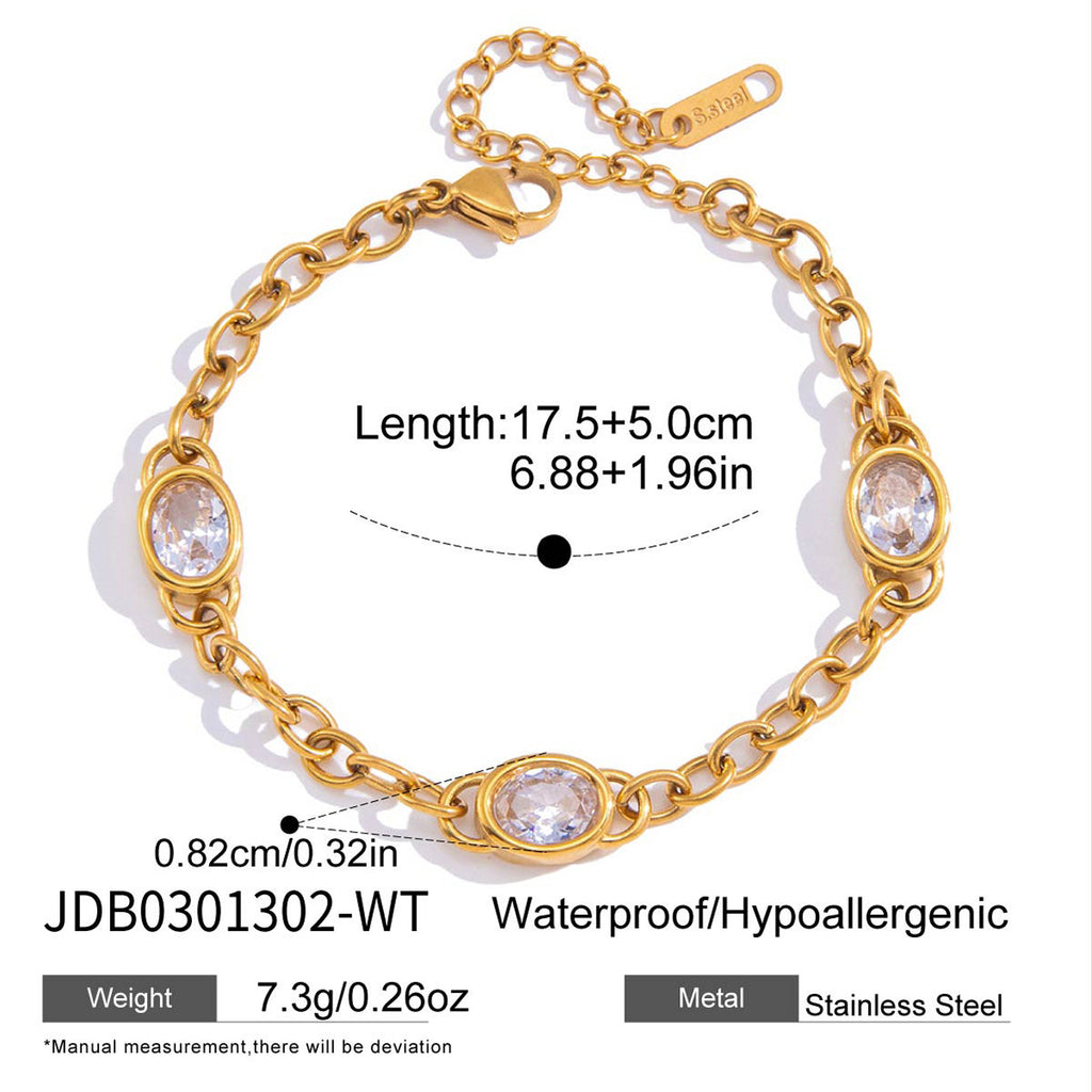 Clear oval-stone stainless steel bracelet measurement image