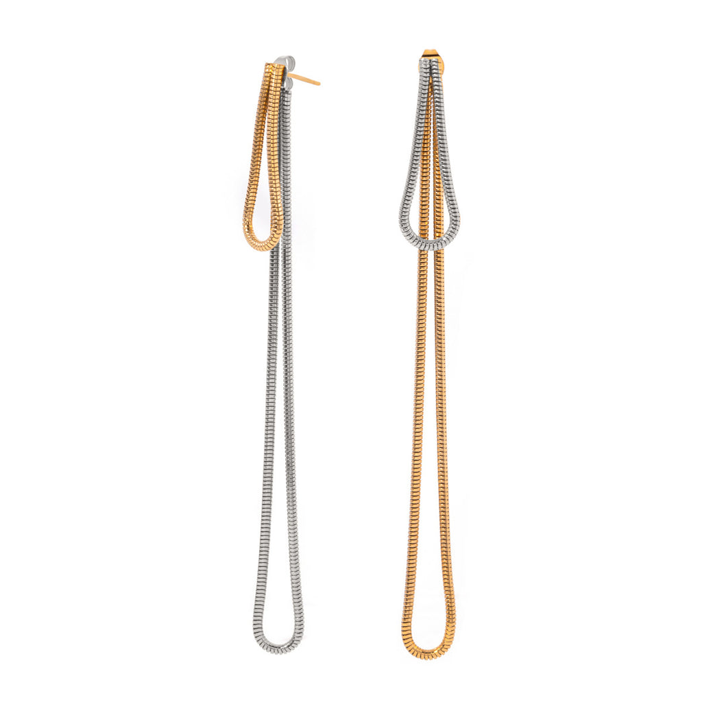 Stainless Steel Tassel Drop Earrings in Mixed Finishes finish and shape detail