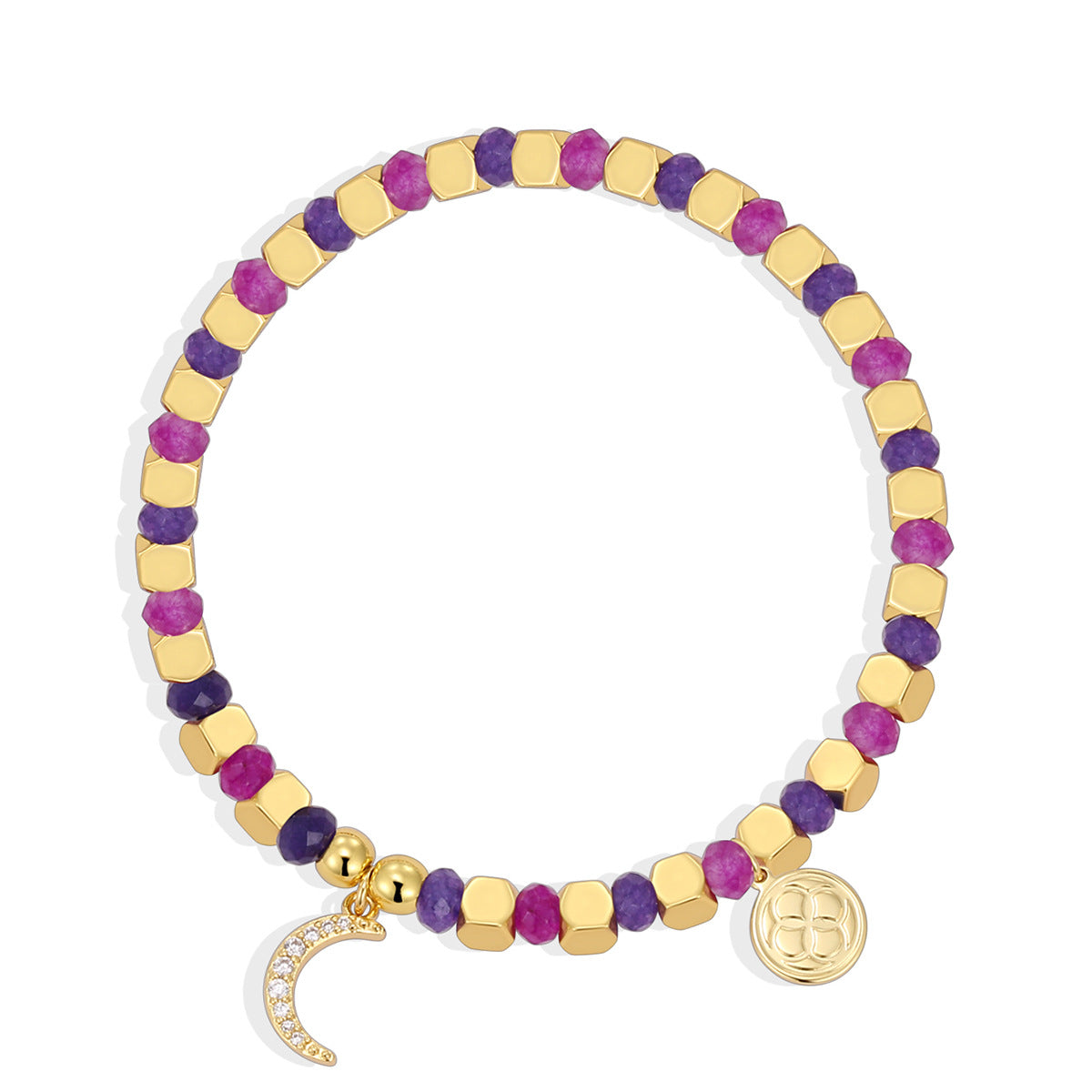 isolated purple and magenta bracelet with clear stone crescent charm