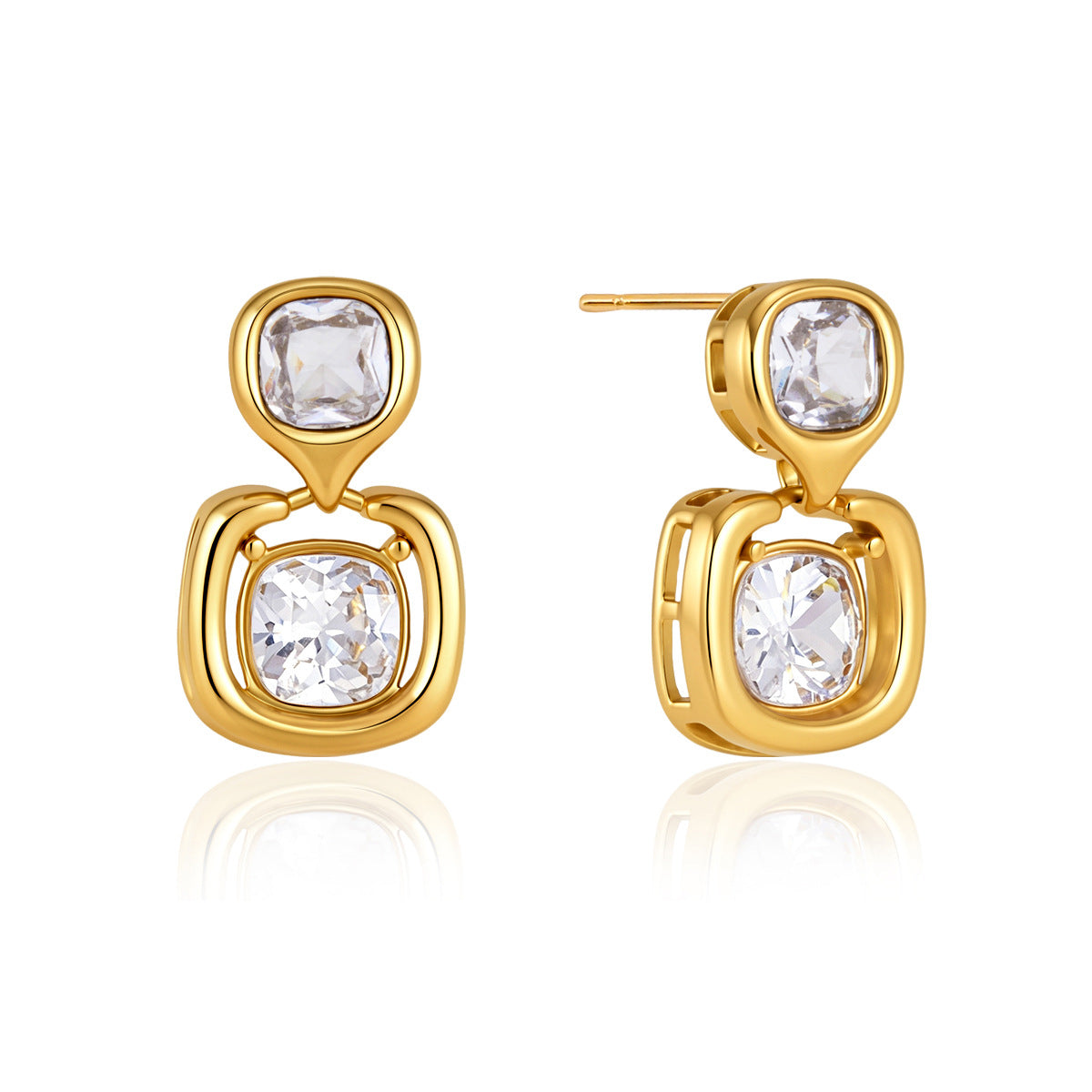 Gold-tone stainless steel earrings with two clear accents