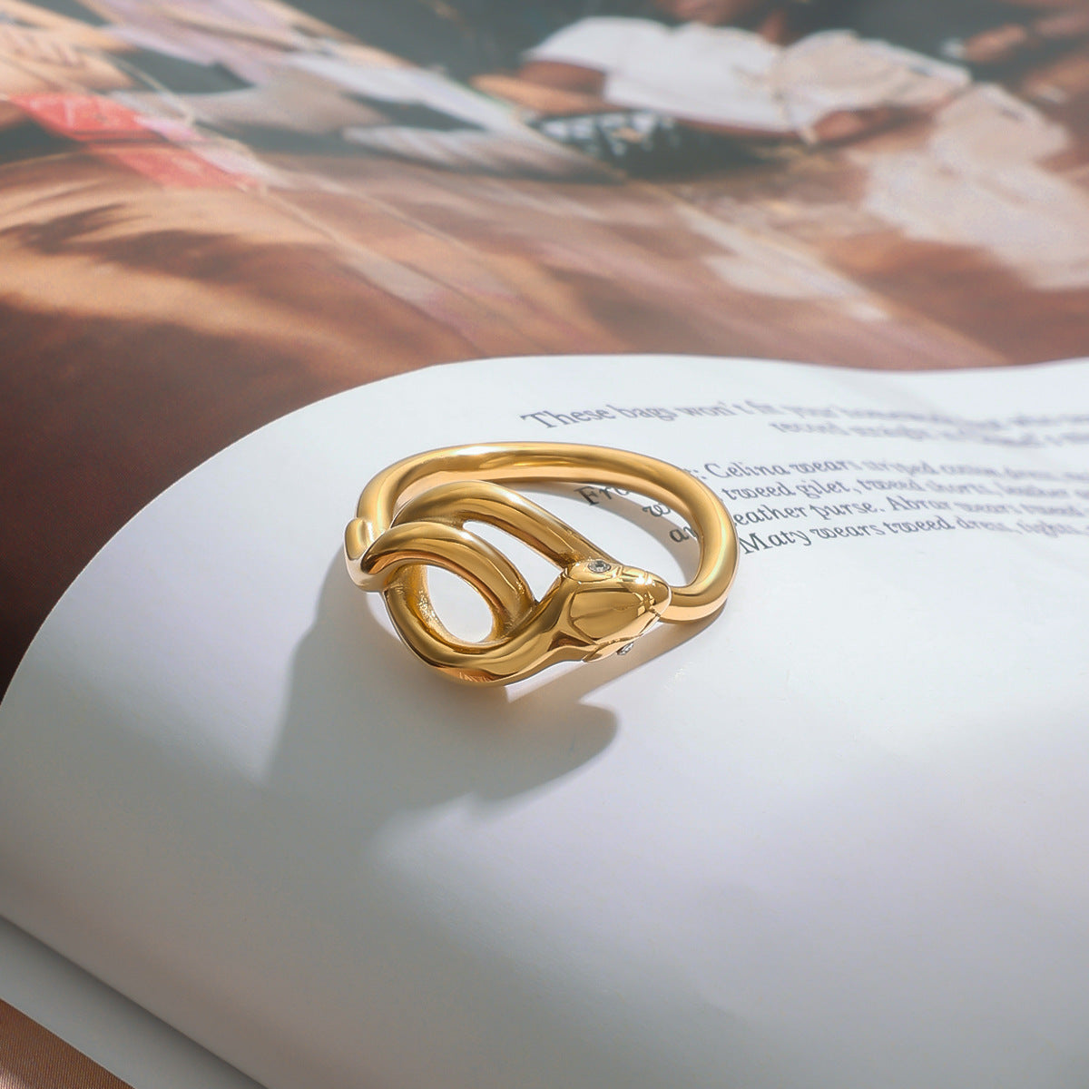 Gold-Tone Snake Stainless Steel Statement Ring – flat-lay view