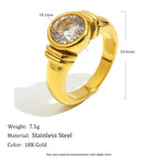 gold plated round clear-stone ring with dimensions and listed weight