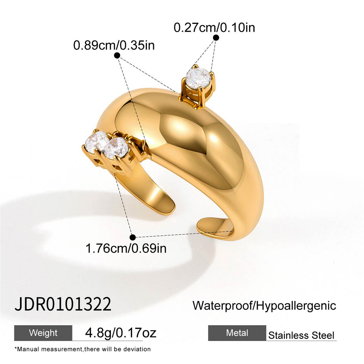 Gold tone stainless steel dome ring measurement diagram