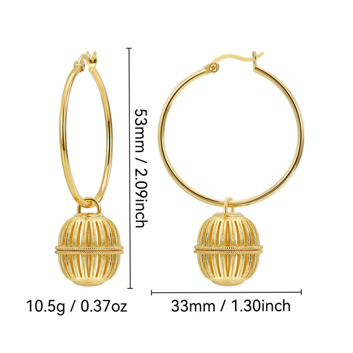 caged orb charm hoop earrings with 53 by 33 millimeter measurements