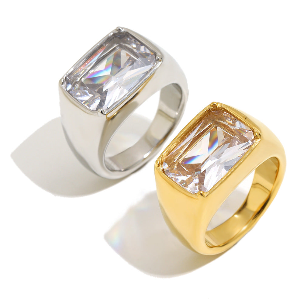 gold plated and silver-finish rectangular clear stone cocktail rings