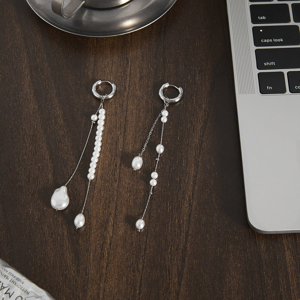 asymmetric stainless steel pearl-style tassel earring pair