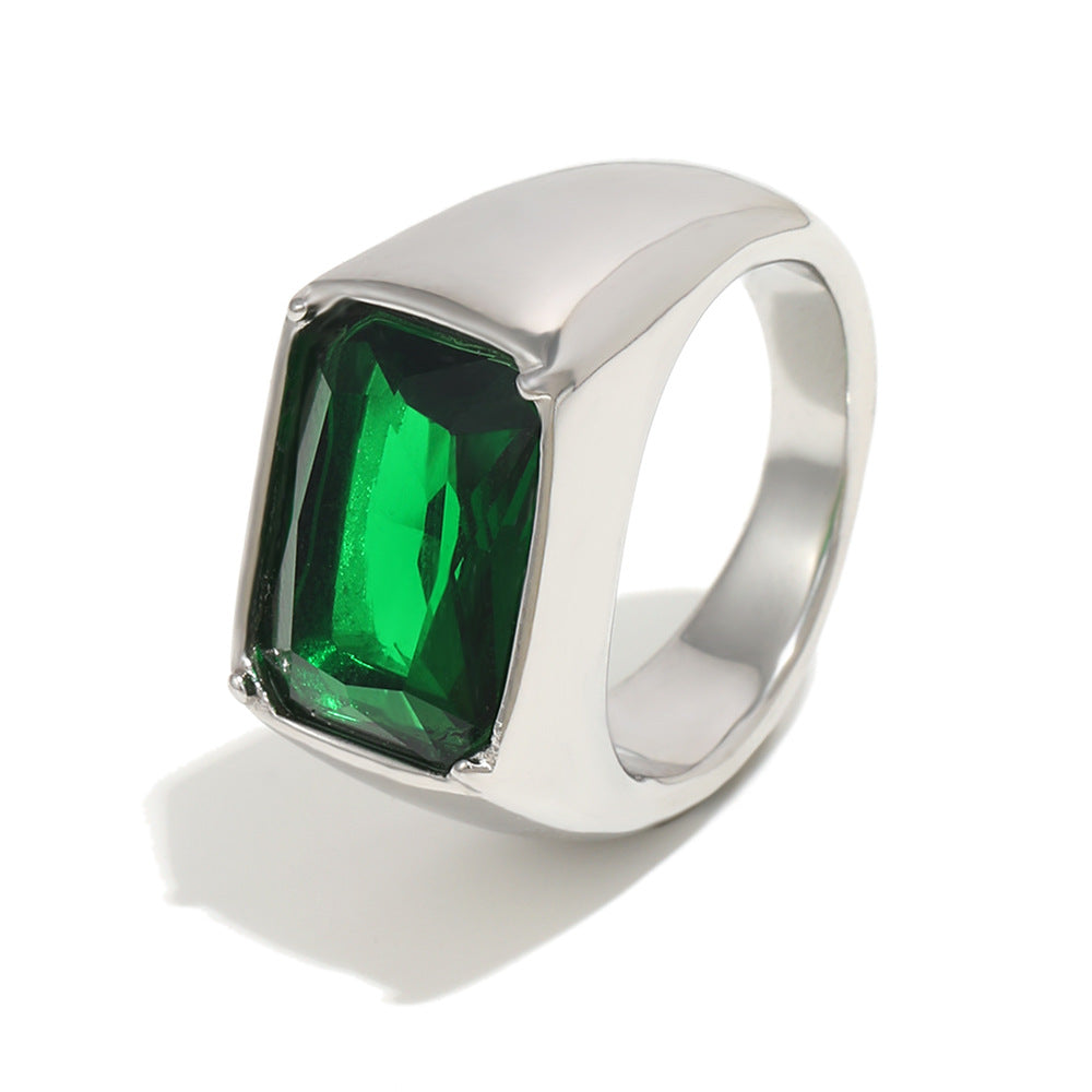silver-finish signet ring with emerald-green faceted stone