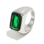 silver-finish signet ring with emerald-green faceted stone