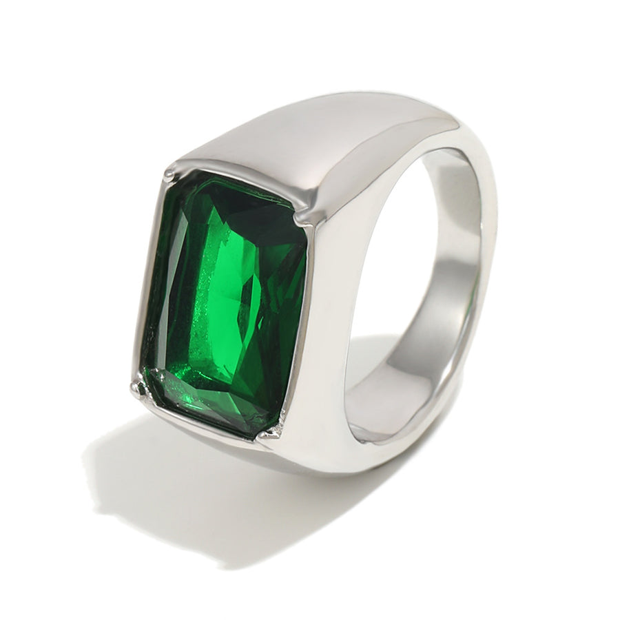 silver-finish signet ring with emerald-green faceted stone
