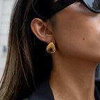 Wholesale Gold-Tone Stainless Steel Ribbed Teardrop Stud Earrings - front view
