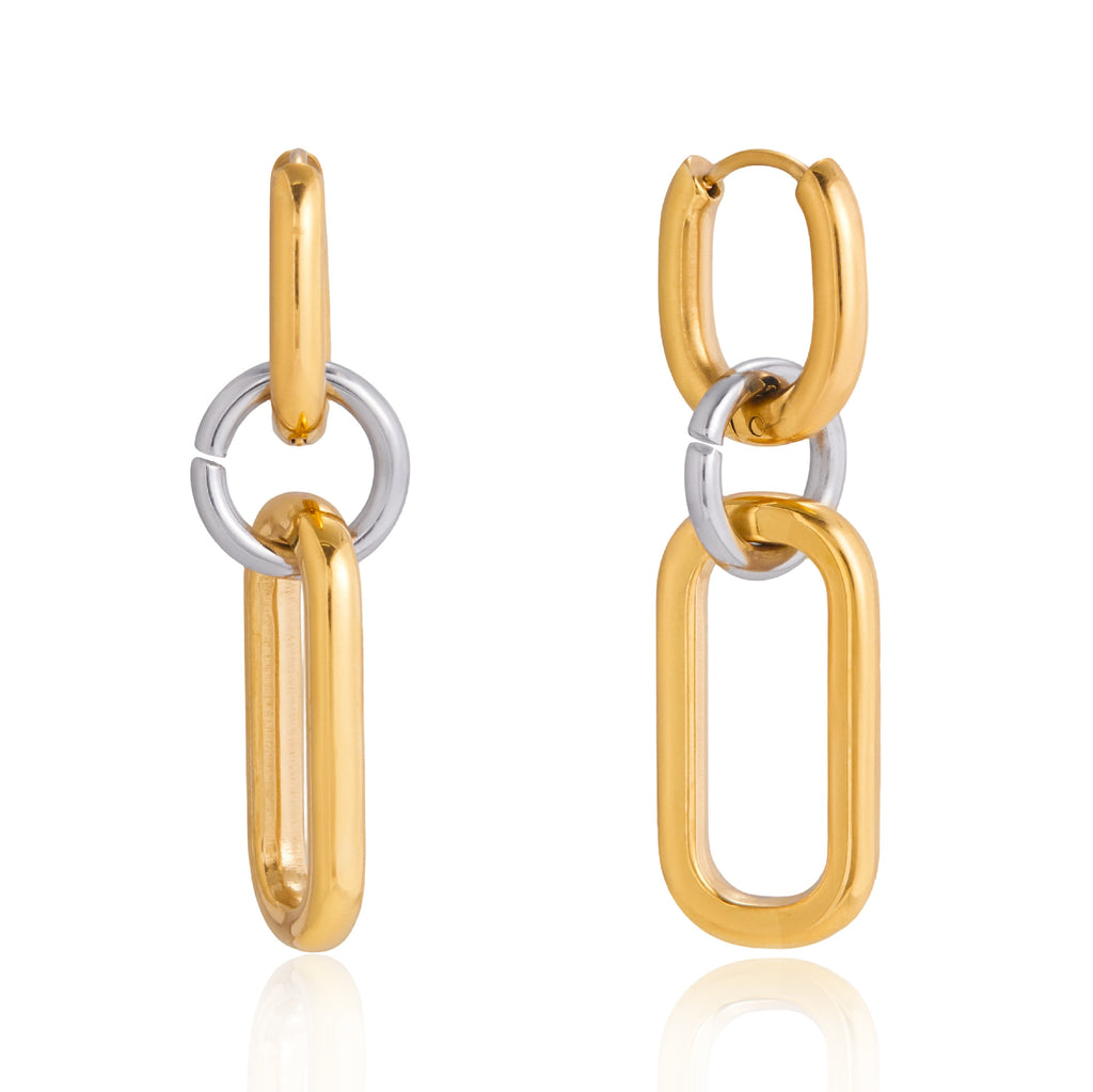 front and side views of two-tone huggie and elongated-link earrings